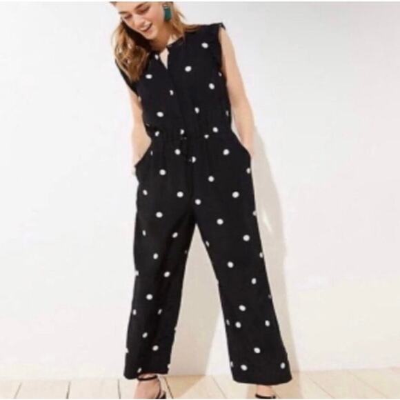 LOFT Sz M Black & White Polka Dot Sleeveless Jumpsuit Wide Leg Lightweight Boho - Picture 1 of 16